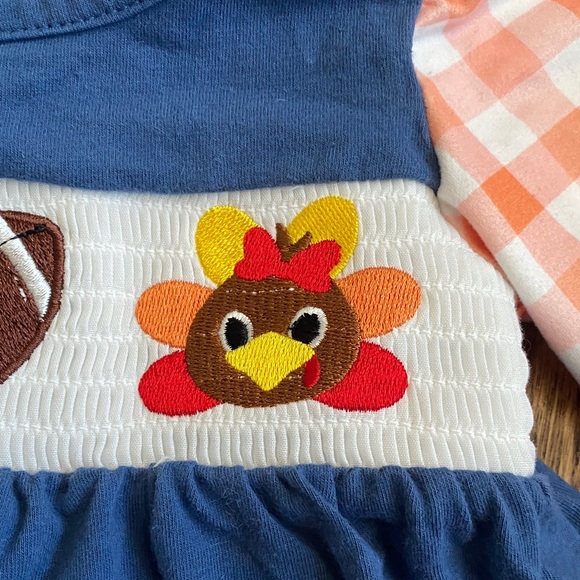 Blue with orange/white check sleeves football/turkey ruffle shirt, size 12-18 M - Picture 10 of 12